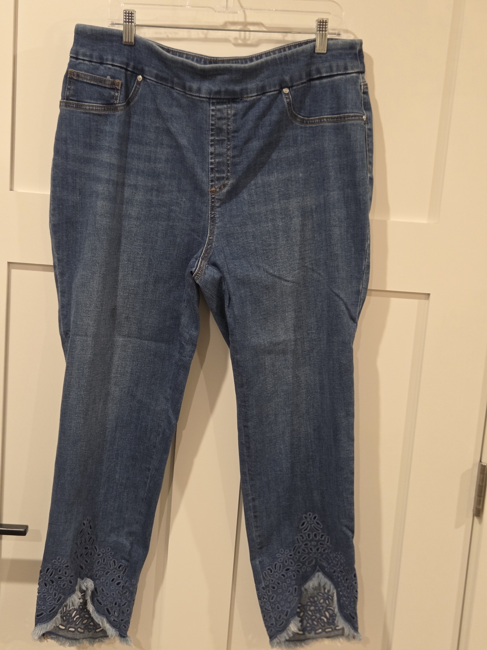 Chico's Mid-Blue Cropped Jeans with Scalloped Laser-Cut Hem